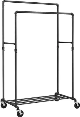 Obrázek produktu pro HSR60B – Mobilní věšák na oděvy pro těžké náklady s nosností až 110 kg, průmyslový design se 2 tyčemi na oděvy, černý