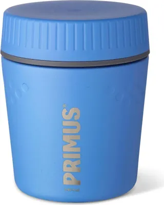 A blue insulated food jar with a gray lid.