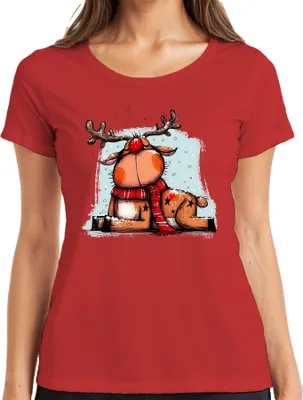 Produktbild von Rudolf Rentier Weihnachten rote Nase roter Schal Geschenk Damen T-Shirt, Rot, XXL