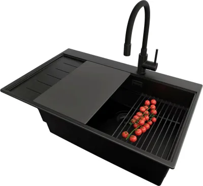 Produktbild von PRIMAGRAN Granitspüle Alles Schwarz 78x50cm, Spülbecken 1 Becken + Ablauf-Set + Küchenzubehörset, Küchenspüle ab 60er Unterschrank - Sydney