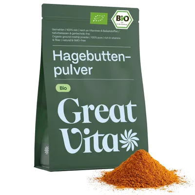 Produktbild von GreatVita Hagebuttenpulver 1000g | fein gemahlen, natürlich & rein aus biologischem Anbau