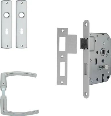 Produktbild von AXA Türbeschlagset für Innentüren - gebogen - Türgriff aus Aluminium - Türschloss mit Schlüsselloch SL55 - Türgriff mit Schutzabdeckung - mit…