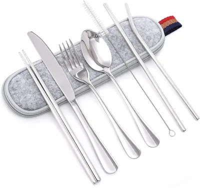 Immagine prodotto di Set di posate da campeggio, composto da 8 pezzi: coltello, forchetta, cucchiaio, bacchette, cannucce, custodia per il trasporto, ideale per