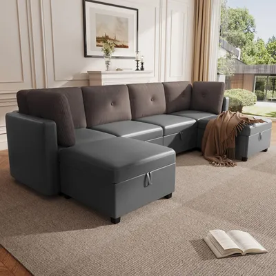 Image de Canapé modulaire en U - 6 modules avec rangement - Velours et velours côtelé dans un design contrasté - Transformable en L et en lit