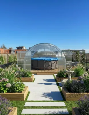 Obrázek produktu pro Krycí plachta na bazén Garten Dream "Grand Oasis" 4x4M s 4mm polykarbonátem Celoroční použití. Odolný proti sněhu a větru. Dvojité dveře. Ochrana proti korozi