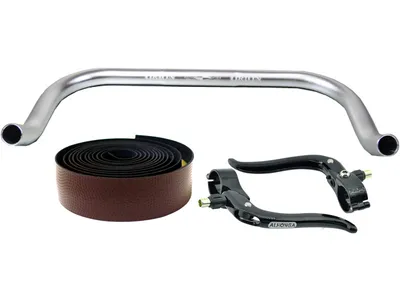 Produktbild von Bullhorn Fixie Lenker – 400mm, Silber, inkl. Bremshebel & braunem Lenkerband