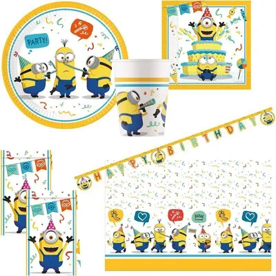 Produktbild von Party Set Minions The Rise of Gru, 46-teiliges Einweggeschirr für Kindergeburtstag und Mottoparty, Tischdeko