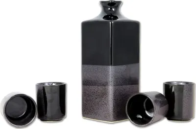 Produktbild von 5-teiliges japanisches Sake Set Schwarz YUNA | Traditioneller Stil Servierset aus Keramik