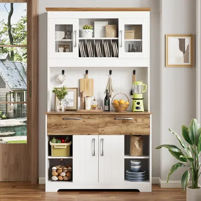 Immagine prodotto di Credenza da cucina Merax a colonna alta con 2 cassetti, vetrine con ante e barra portoggetti, credenza contenitiva con finitura effetto legno opaco, bianco+naturale