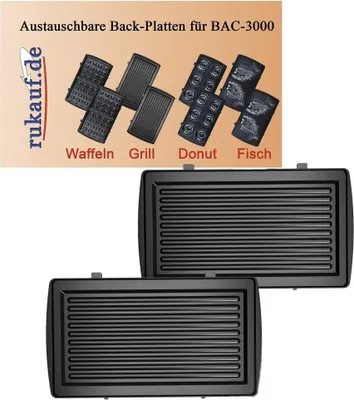 A collage showing different interchangeable plates for a waffle maker and two waffle maker plates.