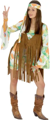 A woman wearing a 70s-style hippie costume, posing with a peace sign.