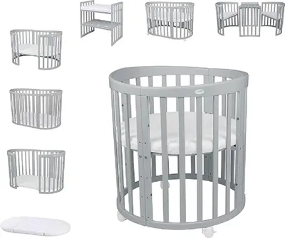 Produktbild von Mobiles Babybett OWAL aus Holz 7in1 mit Matratze, mitwachsend,Ohne Stoffset,Holz grau