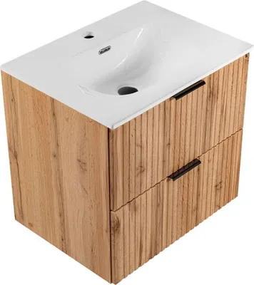 Produktbild von Waschtischunterschrank mit Waschbecken 60cm ADELAIDE-56 Wotaneiche mit gerillter Front, B/H/T ca. 61/60/46 cm