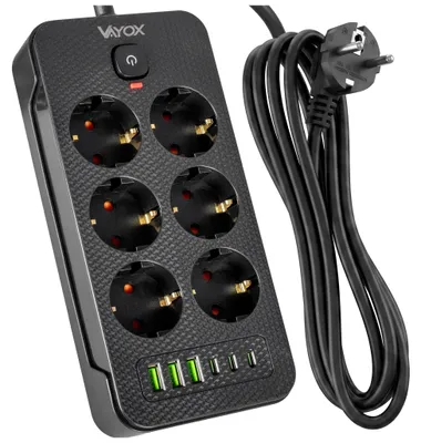 Produktbild von Vayox Steckdosenleiste 6-Fach Schuko 2m Schwarz | Mehrfachsteckdose mit 3x USB-C 3x USB-A 2.1A | 2500W Mehrfachstecker mit Schalter Schuko