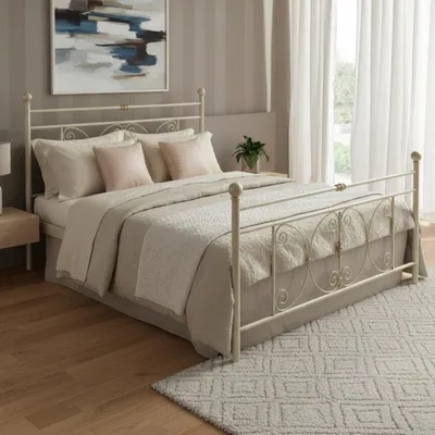 Immagine prodotto di Letto matrimoniale in ferro battuto Giacinto con decori lavorati bianco opaco 170x200 cm
