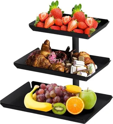Image de Présentoir rotatif noir à trois étages pour fruits et desserts