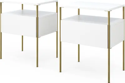 Two white nightstands with gold legs are shown against a white background.