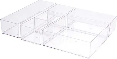 Obrázok produktu pre Uniqoos® Akryl organizér do zásuvky, 6-dielna sada, priehľadný, 30 x 22,5 cm – 6 priehradiek (3×7,5×7,5 cm; 15×7,5 cm; 22,5×7,5 cm; 15×15×5 cm)