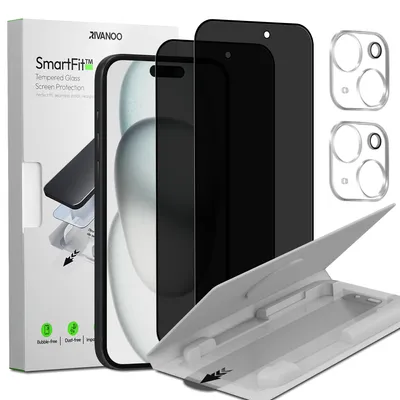 Obrázok produktu pre 2-balenie iPhone 15 Ochranné sklo na displej Privacy & 2-balenie ochrana objektívu - Tvrdené sklo | [Automatická inštalácia] - Bez bublín