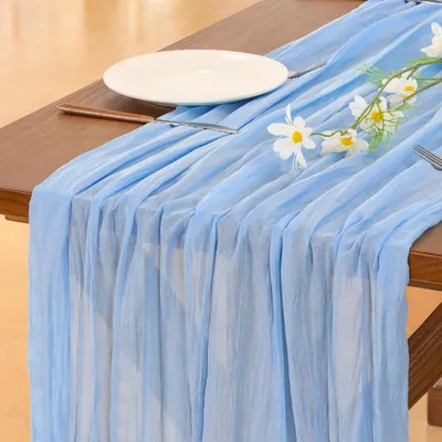 Immagine prodotto di Runner da tavolo in mussola, colore blu, dimensioni 88,9 x 304,8 cm