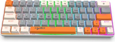 Obrázek produktu pro Mechanická klávesnice HXSJ K88 s 63 klávesami, design s oddělenými řadami kláves, ledově modré podsvícení, červené spínače, šedá + oranžová barva