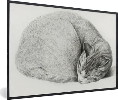 Produktbild von MuchoWow® MuchoWow® Gerahmtes Poster Schlafende Katze im Liegen - Gemälde von Jean Bernard 60x40 cm - Poster mit zchwarzem Bilderrahmen - Printing - Wanddeko Schlafzimmer