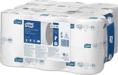 Produktbild von Tork 472139 extra weiches hülsenloses Midi Toilettenpapier Premium T7 3-lagig | Karton (18 Rollen)