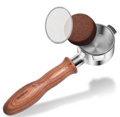 Bodenloser Siebträger 54 mm mit Puck-Sieb, Holzgriff, Edelstahl