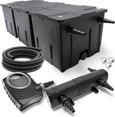 Obrázek produktu pro Kompletní sada Wiltec: CBF-350C jezírkový filtr do 90000 l jezírkový filtrační systém s kontinuálním průtokem, NEO8000 jezírkové čerpadlo 8000l/h 70W, CUV-236 jezírkový odkalovač 36W, 10m jezírková hadice 38 mm, hadicové svorky W1 44-47mm
