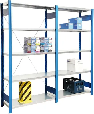 Produktbild von Fachbodenregal FALKE | Heavy-Duty | Anbauregal | HxBxT 250x88x40cm | 6 Ebenen | Fachlast 350kg | Einseitig nutzbar | Rahmen Enzianblau