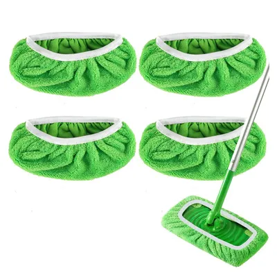 A set of four green microfiber mop covers and one mop head with a green handle and silver pole, all on a white background.
