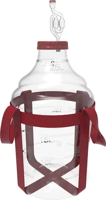 A clear shot of a 25-liter fermentation carboy with a red lid and airlock, and red carrying straps.