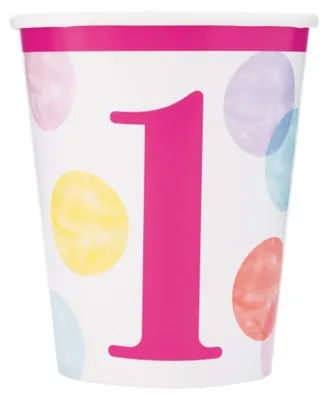 Obrázek produktu pro Párty kelímky 1. narozeniny růžové s puntíky - HOLKA - 270 ml - 8 ks - Happy birthday