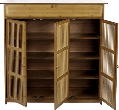 An open wooden shoe cabinet with multiple shelves.