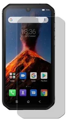 A screen protector is placed over a smartphone displaying a volcano eruption wallpaper.