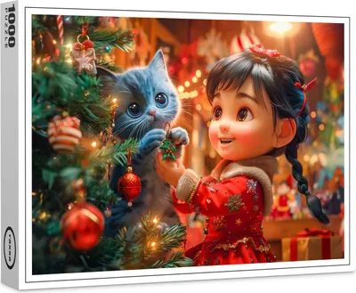 Produktbild von raxxa Premium-Puzzle "Girl and Cat Decorate for Christmas", 1000 Teile