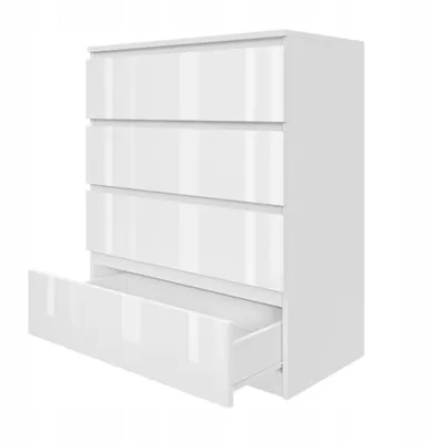 A white chest of drawers with one drawer open, shown from a three-quarter angle.