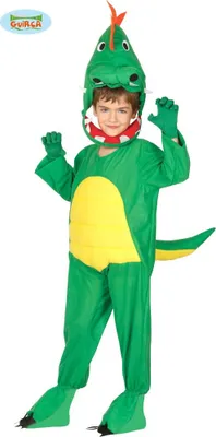 A child wearing a dinosaur costume.