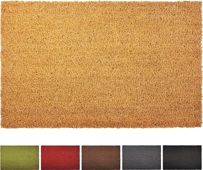 A collection of doormats in various colors displayed below a larger image of a natural coir doormat.