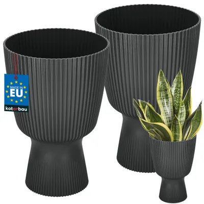 Produktbild von KOTARBAU® 2er Set Blumentopf ⌀ 18cm Orchideentopf Übertopf für Zimmerpflanzen Pflanzentopf mit Sockel Geriffelt Kelchform Kunststoff Pflanzkübel Schwarz