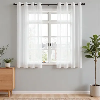 Image de Rideaux avec œillets intégrés - Voilage blanc - Style moderne - Courts - Lot de 2 - Pour salon - Chambre à coucher - Chambre d'enfant - Blanc - Semi-transparent