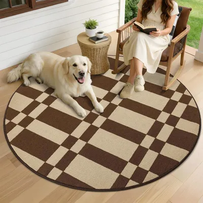 Productafbeelding van Antislip deurmat met schaakbordpatroon, bruin, rond, 150x150 cm