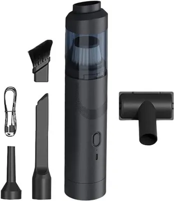 Immagine prodotto di Aspirapolvere portatile per auto con due livelli di regolazione per una potente aspirazione, motore senza spazzole, ricarica tramite cavo Type-C, colore nero, design portatile.