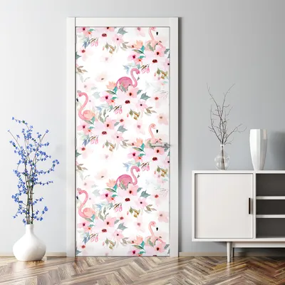 Produktbild von Dekorative Türtattoo selbstklebend Tapete Tür Tattoo Aufkleber Blumen und Flamingo 77 x 200 cm