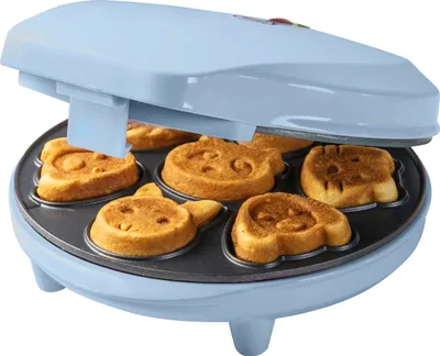 Produktbild von Bestron Waffeleisen für Mini-Cookies, Mini-Cookie-Maker in Tiermotiven, Waffeleisen für Mini-Waffel-Kekse, mit Backampel & Antihaftbeschichtung, 700 Watt, Farbe: Babyblau