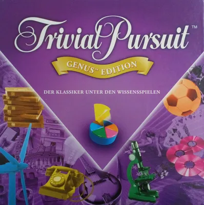 The image is a marketing shot for the Trivial Pursuit Genus Edition board game, featuring various icons representing different categories.