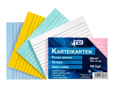 Produktbild von TSI Karteikarten A7 liniert 100er Pg. farbig sortiert