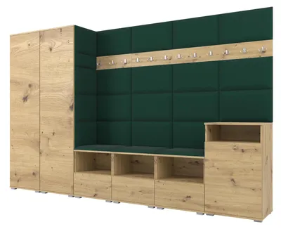 Produktbild von Garderobe NELA XII 300 cm Modulare Flurmöbel Artisan Eiche mit Sitzpolster Flaschengrün 28 (Gigantisches Set)
