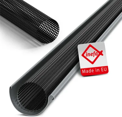 A black perforated gutter guard is shown inside a gray gutter, with another piece of the guard in the background.