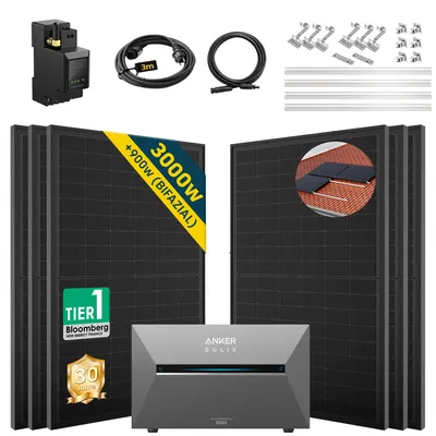 Produktbild von ALLDREI Balkonkraftwerk mit Speicher Anker Solix Solarbank 3 E2700 Pro,Komplettset mit 6x500W Bifazialer Solarpanel & Smarten Zähler